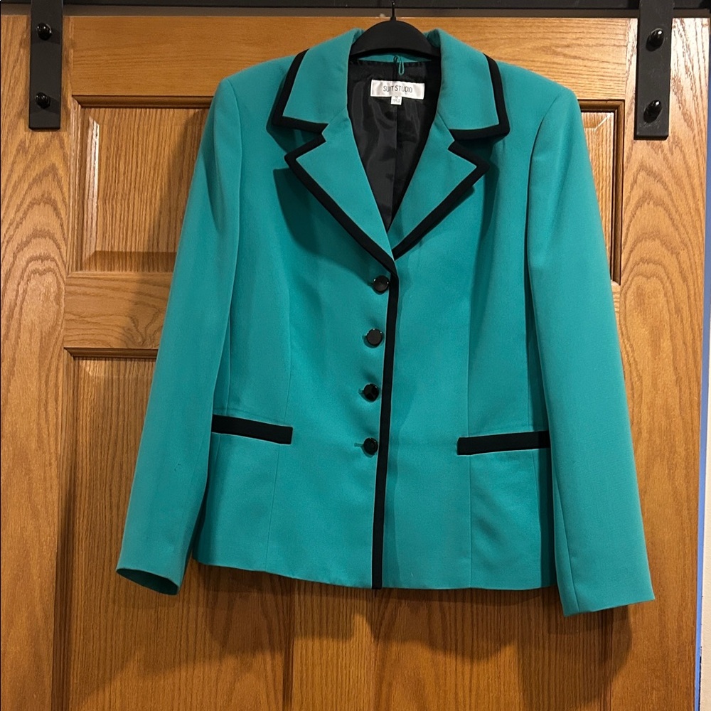 Women's Suit Studio Kelly Green Blazer with Navy Trim Size 14 NWOT